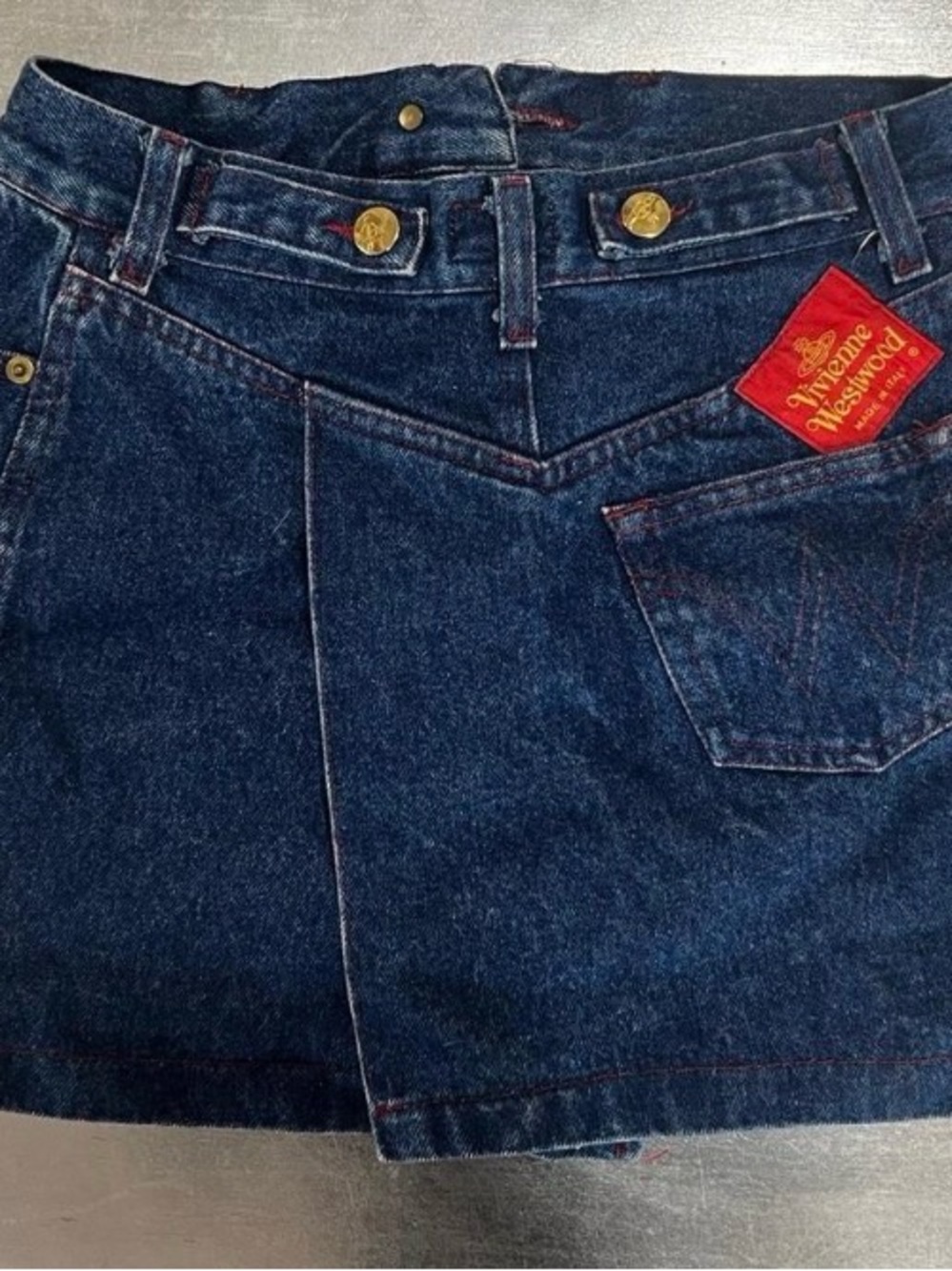 Vivienne Westwood Navy Denim Mini Skirt with Red Logo Patch